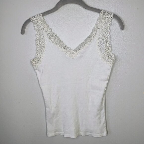 August Silk Lace Trim Cami Tank Top Womens Small White Y2K Beaded Ribbed Cottage - Picture 2 of 10